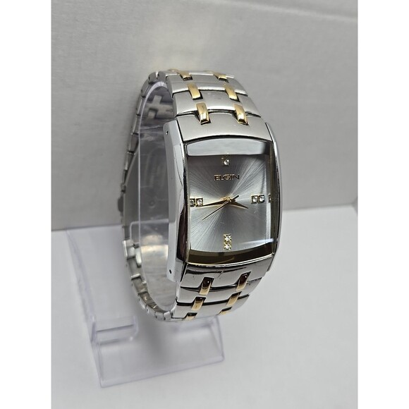 Mens Elgin Two Tone Rectangle Tank Quartz Watch Diamond Accent 33mm New Battery - Picture 3 of 11